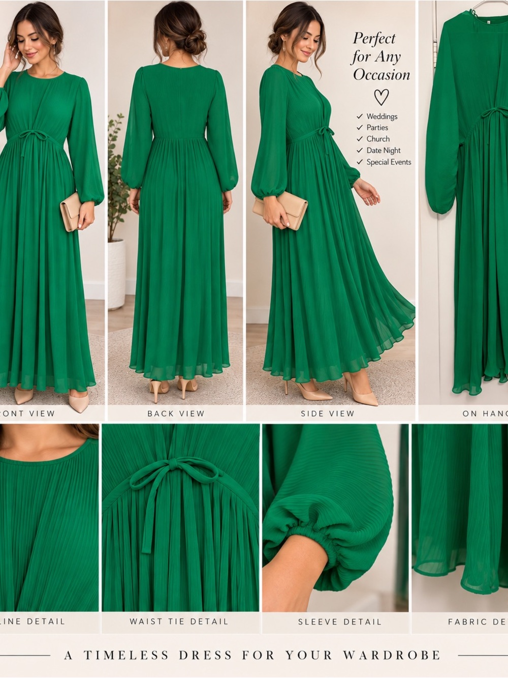 Zara Emerald Green Long Sleeve Pleated Maxi Dress